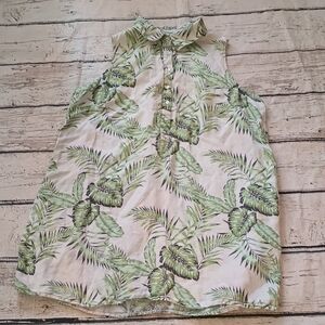 C&C California Green Off White Botanical Print Sleeveless Linen Shirtdress 1X